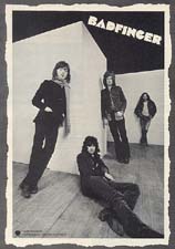 Badfinger promo photo, leaning on walls, from Apple Records, New York City office, 1971