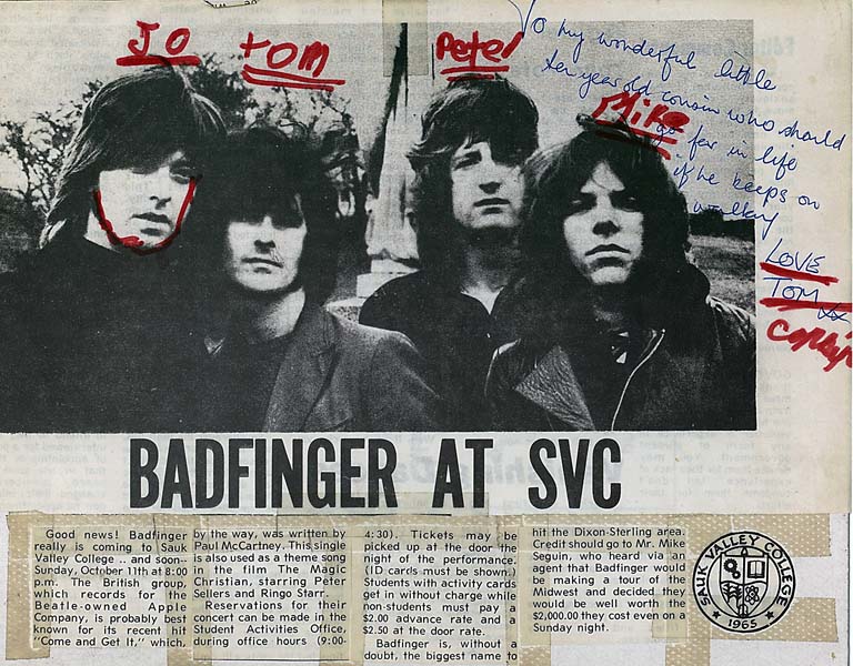 Badfinger at SVC article, signred by Tom Evans to his 10-year old cousin